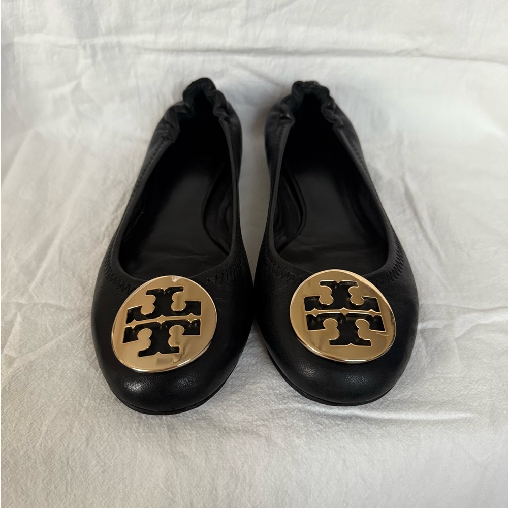 Tory Burch Reva Black Flats with Gold Emblem